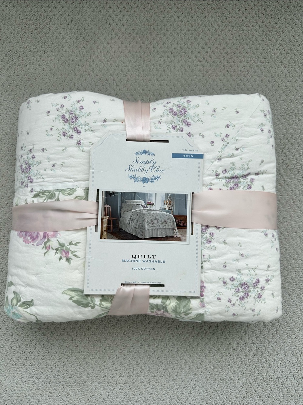 Simply Shabby Chic White Quilt with Lavender and Soft Green Floral Accents